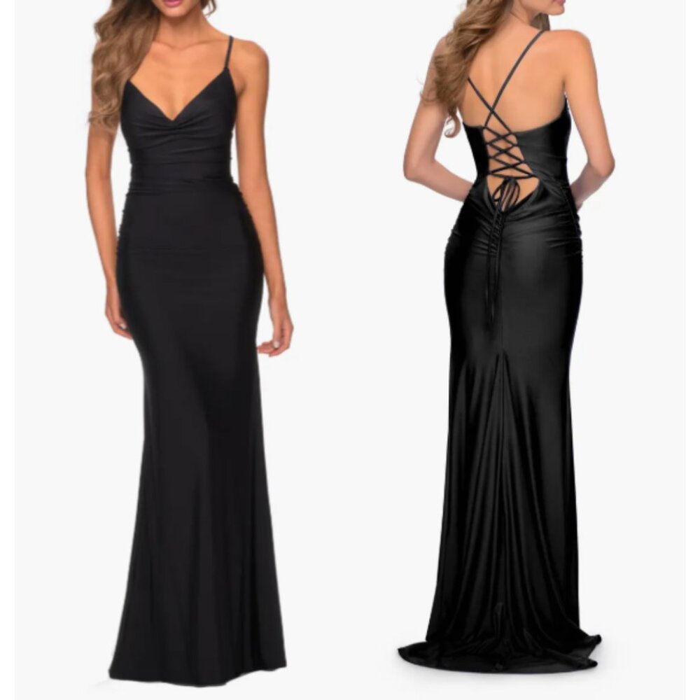 La Femme Long Jersey Dress NWT with Draped V-Neckline and Ruching in Black 0
